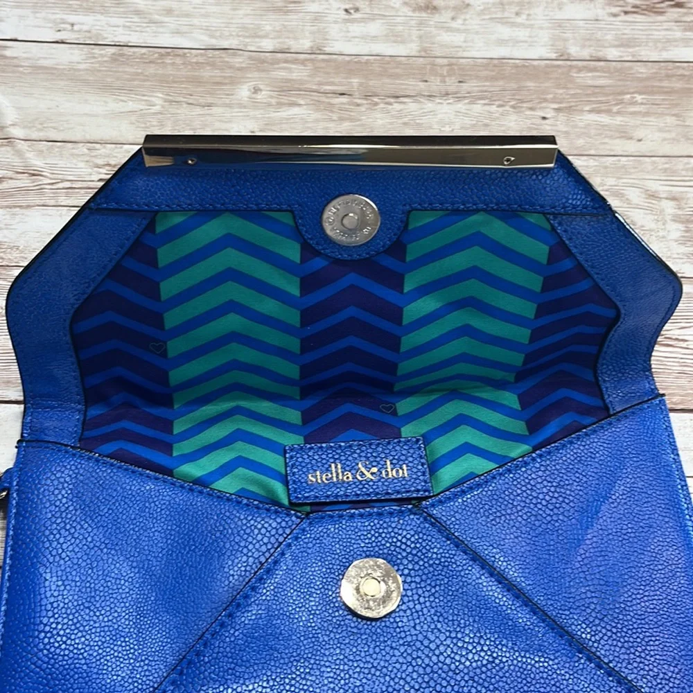 Stella & Dot Blue Leather Clutch with Gold Accents